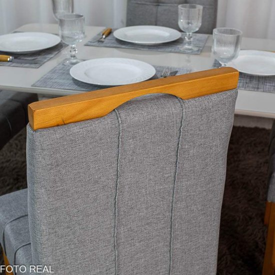 Mesa de Jantar Moscou 120x80 Vidro Off Base Cinamomo Minas Plac + 4 Cadeiras Sophia Linho Cinza 206 Estrutura Madeira WM Decor - Entregue Montada
