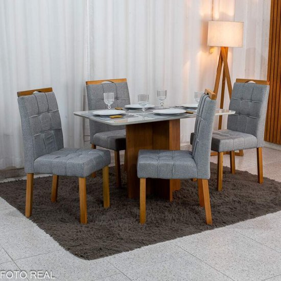 Mesa de Jantar Moscou 120x80 Vidro Off Base Cinamomo Minas Plac + 4 Cadeiras Sophia Linho Cinza 206 Estrutura Madeira WM Decor - Entregue Montada