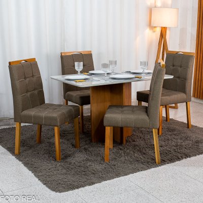 Mesa de Jantar Moscou 120x80 Vidro Off Base Cinamomo Minas Plac + 4 Cadeiras Sophia Linho Marrom 207 Estrutura Madeira WM Decor - Entregue Montada