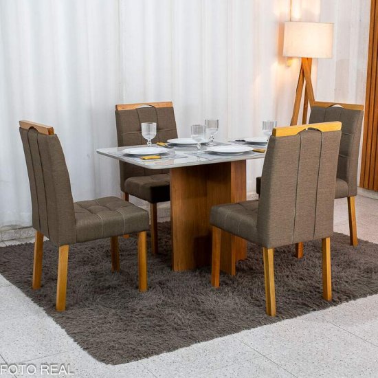 Mesa de Jantar Moscou 120x80 Vidro Off Base Cinamomo Minas Plac + 4 Cadeiras Sophia Linho Marrom 207 Estrutura Madeira WM Decor - Entregue Montada