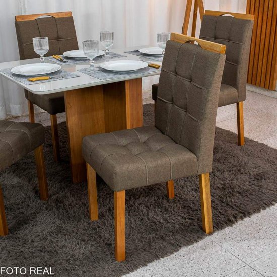 Mesa de Jantar Moscou 120x80 Vidro Off Base Cinamomo Minas Plac + 4 Cadeiras Sophia Linho Marrom 207 Estrutura Madeira WM Decor - Entregue Montada