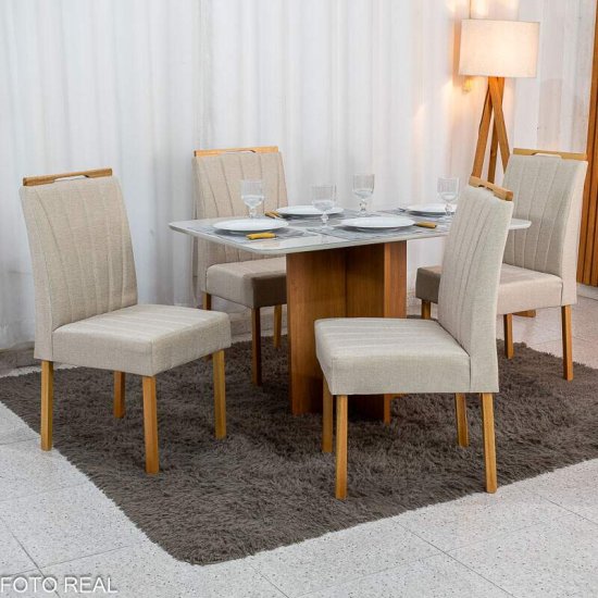 Mesa de Jantar Moscou 120x80 Vidro Off Base Cinamomo Minas Plac + 4 Cadeiras Gabi Linho Bege Claro A Estrutura Madeira Bom Lar - Entregue Montada