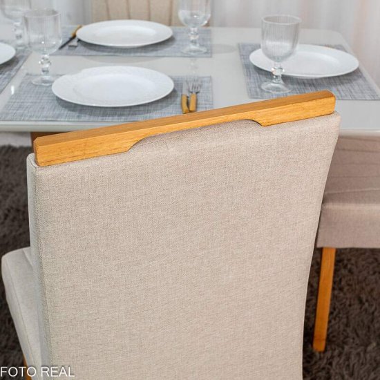 Mesa de Jantar Moscou 120x80 Vidro Off Base Cinamomo Minas Plac + 4 Cadeiras Gabi Linho Bege Claro A Estrutura Madeira Bom Lar - Entregue Montada