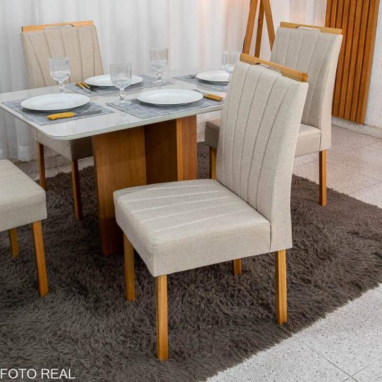 Mesa de Jantar Moscou 120x80 Vidro Off Base Cinamomo Minas Plac + 4 Cadeiras Gabi Linho Bege Claro A Estrutura Madeira Bom Lar - Entregue Montada
