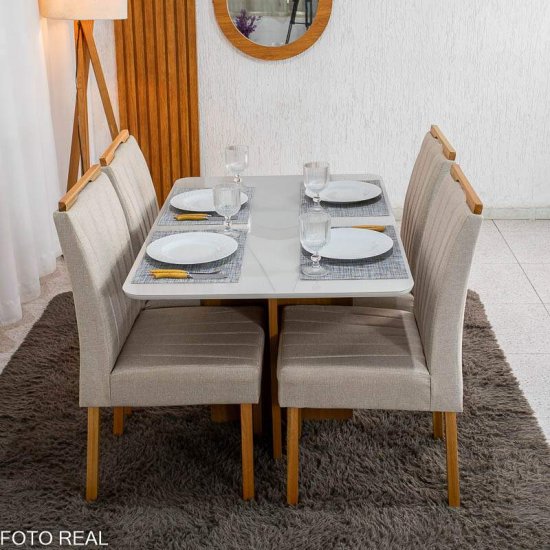 Mesa de Jantar Moscou 120x80 Vidro Off Base Cinamomo Minas Plac + 4 Cadeiras Gabi Linho Bege Claro A Estrutura Madeira Bom Lar - Entregue Montada