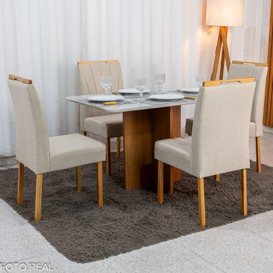 Mesa de Jantar Moscou 120x80 Vidro Off Base Cinamomo Minas Plac + 4 Cadeiras Gabi Linho Bege Claro A Estrutura Madeira Bom Lar - Entregue Montada