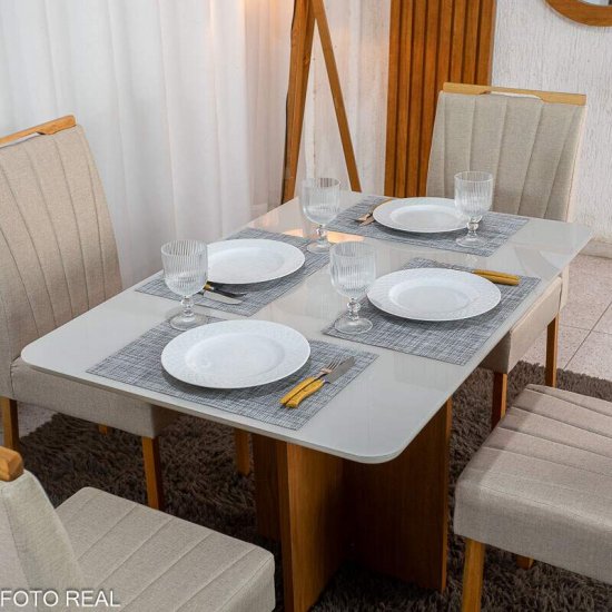 Mesa de Jantar Moscou 120x80 Vidro Off Base Cinamomo Minas Plac + 4 Cadeiras Gabi Linho Bege Claro A Estrutura Madeira Bom Lar - Entregue Montada
