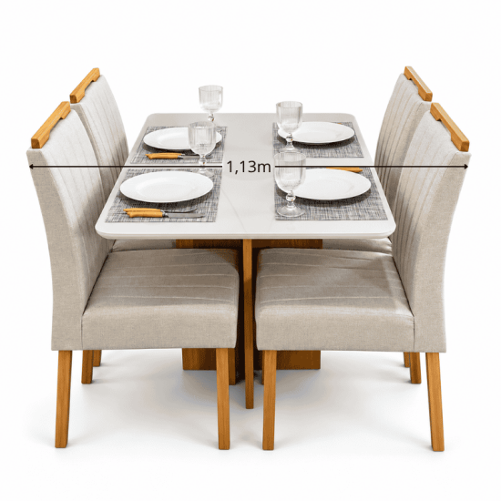 Mesa de Jantar Moscou 120x80 Vidro Off Base Cinamomo Minas Plac + 4 Cadeiras Gabi Linho Bege Claro A Estrutura Madeira Bom Lar - Entregue Montada
