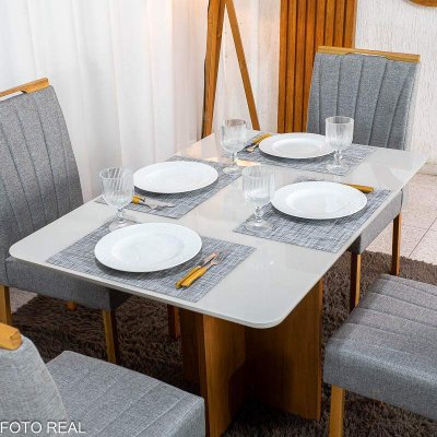 Mesa de Jantar Moscou 120x80 Vidro Off Base Cinamomo Minas Plac + 4 Cadeiras Gabi Linho Cinza Estrutura Madeira Bom Lar - Entregue Montada