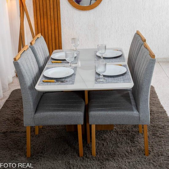 Mesa de Jantar Moscou 120x80 Vidro Off Base Cinamomo Minas Plac + 4 Cadeiras Gabi Linho Cinza Estrutura Madeira Bom Lar - Entregue Montada