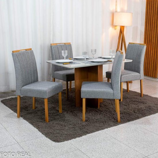 Mesa de Jantar Moscou 120x80 Vidro Off Base Cinamomo Minas Plac + 4 Cadeiras Gabi Linho Cinza Estrutura Madeira Bom Lar - Entregue Montada