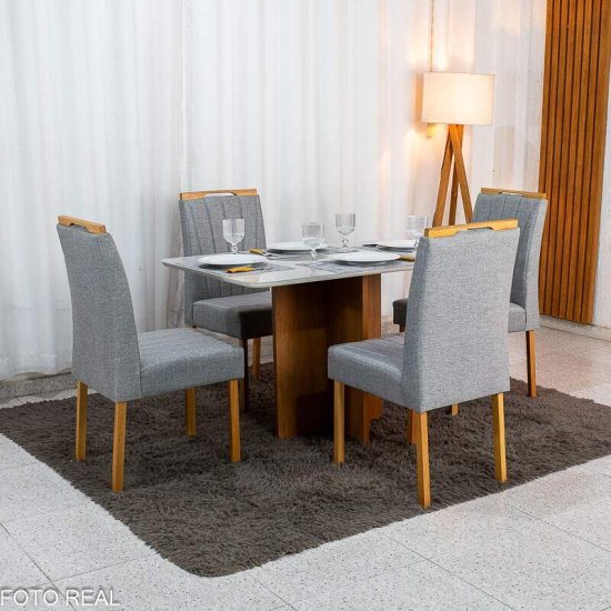 Mesa de Jantar Moscou 120x80 Vidro Off Base Cinamomo Minas Plac + 4 Cadeiras Gabi Linho Cinza Estrutura Madeira Bom Lar - Entregue Montada