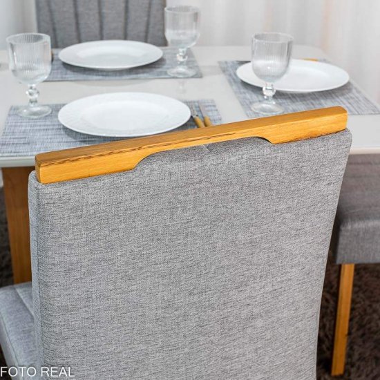 Mesa de Jantar Moscou 120x80 Vidro Off Base Cinamomo Minas Plac + 4 Cadeiras Gabi Linho Cinza Estrutura Madeira Bom Lar - Entregue Montada