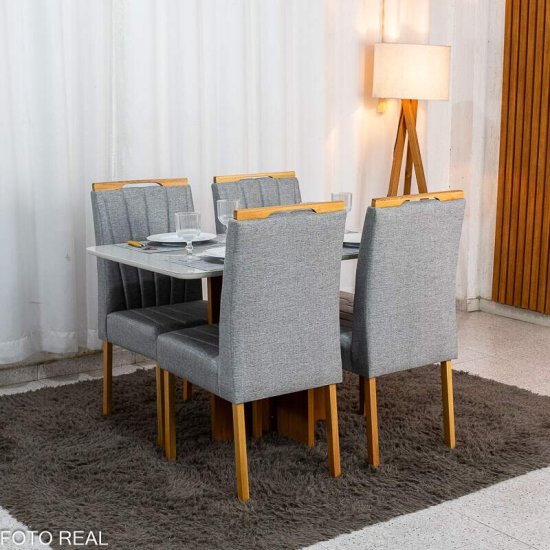 Mesa de Jantar Moscou 120x80 Vidro Off Base Cinamomo Minas Plac + 4 Cadeiras Gabi Linho Cinza Estrutura Madeira Bom Lar - Entregue Montada