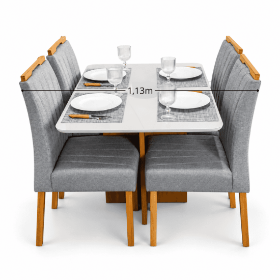 Mesa de Jantar Moscou 120x80 Vidro Off Base Cinamomo Minas Plac + 4 Cadeiras Gabi Linho Cinza Estrutura Madeira Bom Lar - Entregue Montada