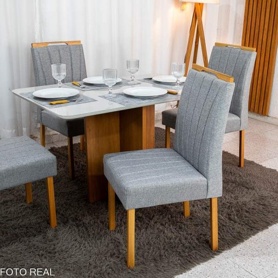 Mesa de Jantar Moscou 120x80 Vidro Off Base Cinamomo Minas Plac + 4 Cadeiras Gabi Linho Cinza Estrutura Madeira Bom Lar - Entregue Montada