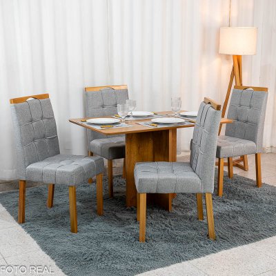 Mesa de Jantar Salina 120x80 Tampo Londres Cinamomo Cel M�veis + 4 Cadeiras Sophia Linho Cinza 206 Estrutura Madeira WM Decor - Entregue Montada