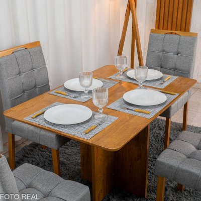 Mesa de Jantar Salina 120x80 Tampo Londres Cinamomo Cel M�veis + 4 Cadeiras Sophia Linho Cinza 206 Estrutura Madeira WM Decor - Entregue Montada