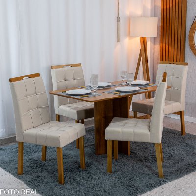 Mesa de Jantar Salina 120x80 Tampo Londres Cinamomo Cel M�veis + 4 Cadeiras Sophia Linho Bege 2000 Estrutura Madeira WM Decor - Entregue Montada