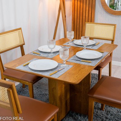 Mesa de Jantar Salina 120x80 Tampo Londres Cinamomo Cel M�veis + 4 Cadeiras Ava Corino Caramelo 302 Estrutura Madeira Prensar - Entregue Montada