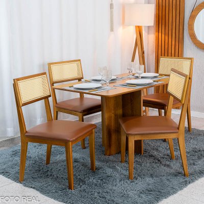 Mesa de Jantar Salina 120x80 Tampo Londres Cinamomo Cel M�veis + 4 Cadeiras Ava Corino Caramelo 302 Estrutura Madeira Prensar - Entregue Montada