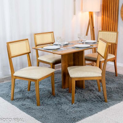 Mesa de Jantar Salina 120x80 Tampo Londres Cinamomo Cel M�veis + 4 Cadeiras Ava Corino Creme 307 Estrutura Madeira Prensar - Entregue Montada