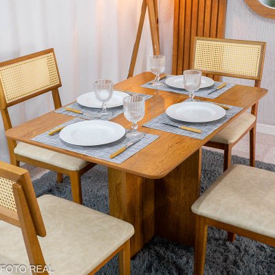 Mesa de Jantar Salina 120x80 Tampo Londres Cinamomo Cel M�veis + 4 Cadeiras Ava Corino Creme 307 Estrutura Madeira Prensar - Entregue Montada