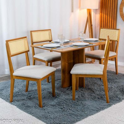 Mesa de Jantar Salina 120x80 Tampo Londres Cinamomo Cel M�veis + 4 Cadeiras Ava Linho Aveia 106 Estrutura Madeira Prensar - Entregue Montada