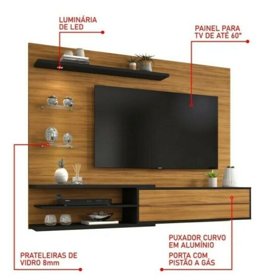 Painel NT 1115 Larg. 1.80m Freij�/Preto C/ Led para TV at� 60\\\"- Not�vel
