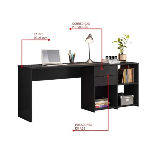 Mesa Office NT 2060 Larg. 2.00m Preto 2 Gavetas Not�vel - Oferta