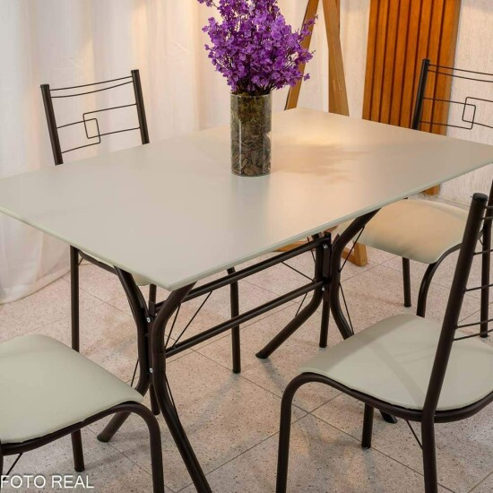 Mesa Paraty Base Cabo Frio Marrom Tampo Pedra Off 120x75 4 Cadeiras Paraty Assento Creme - Teixeira