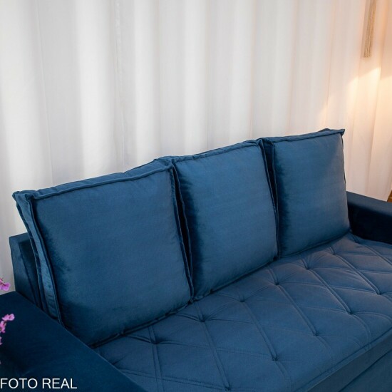 Sof� 3 e 2 lugares Fran�a com Puff Veludo Azul A16