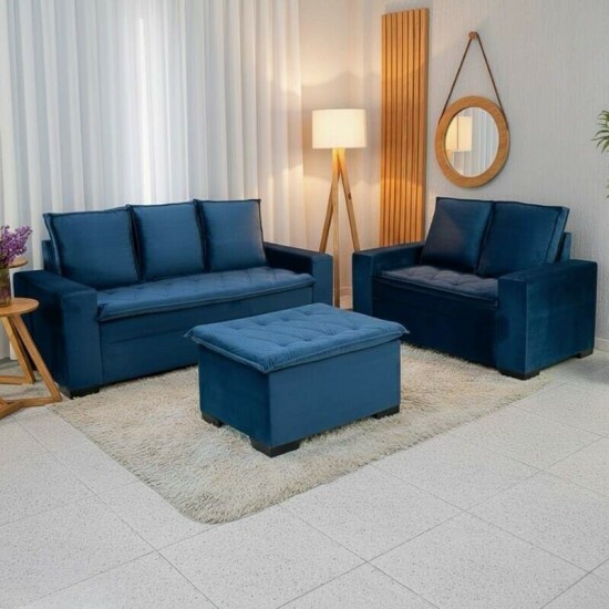 Sof� 3 e 2 lugares Fran�a com Puff Veludo Azul A16