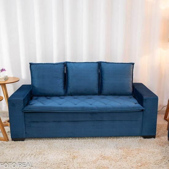 Sof� 3 e 2 lugares Fran�a com Puff Veludo Azul A16