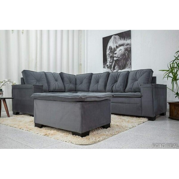 Sof Canto 5 lugares com Puff Alemanha Veludo Grafite A15