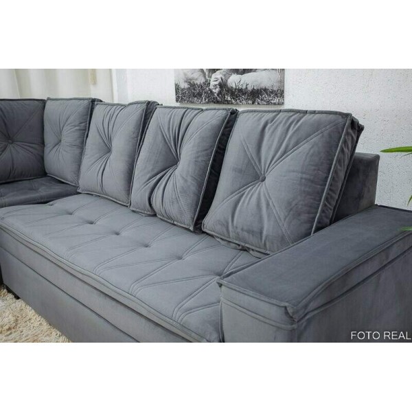 Sof Canto 5 lugares com Puff Alemanha Veludo Grafite A15