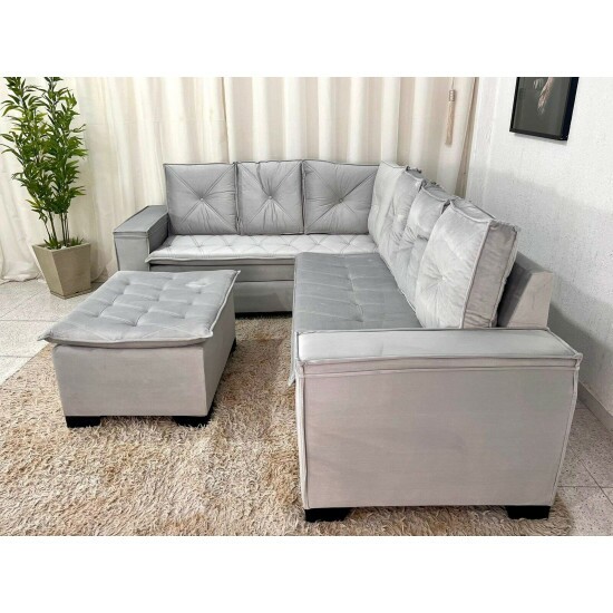 Sof� Canto 5 lugares com Puff Alemanha Veludo Cinza A38