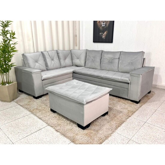 Sof� Canto 5 lugares com Puff Alemanha Veludo Cinza A38