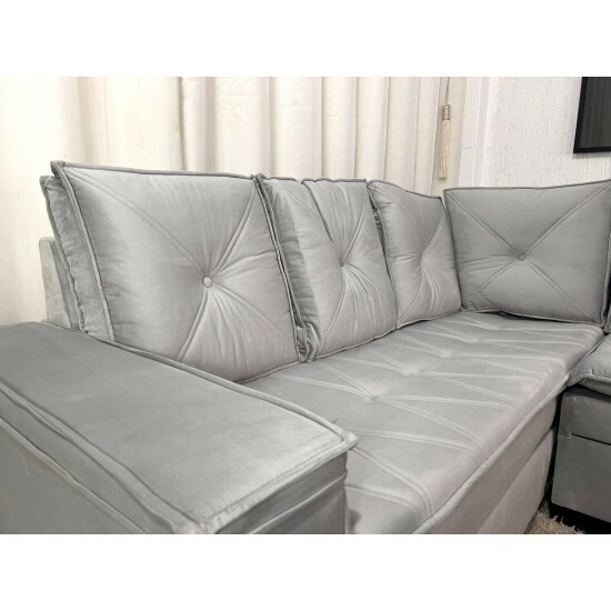 Sof� Canto 5 lugares com Puff Alemanha Veludo Cinza A38
