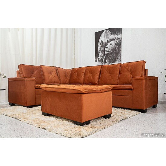 Sof� Canto 5 lugares com Puff Alemanha Veludo Terracota A33