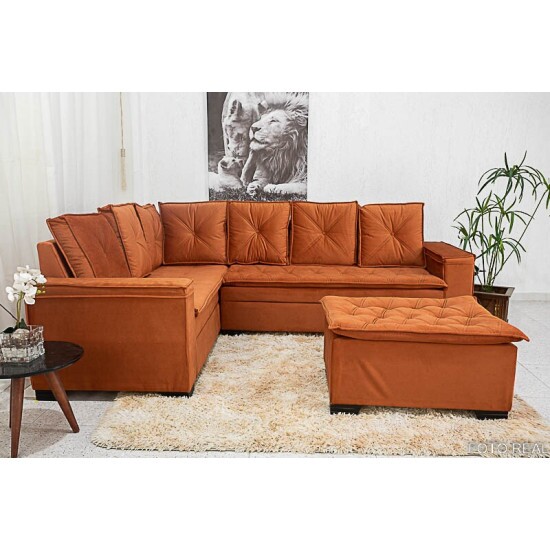 Sof� Canto 5 lugares com Puff Alemanha Veludo Terracota A33