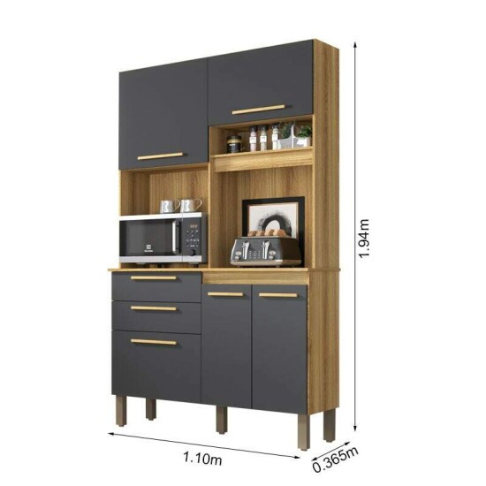 Arm�rio de Cozinha Dubai 5 Portas 2 Gavetas Larg. 1.10m Carvalho/Grafite Sall�to