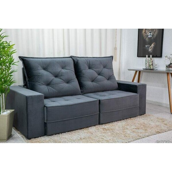 Sof Retrtil Reclinvel Berlim 2.50m Veludo Cinza 814 - D33 e Molas Ensacadas