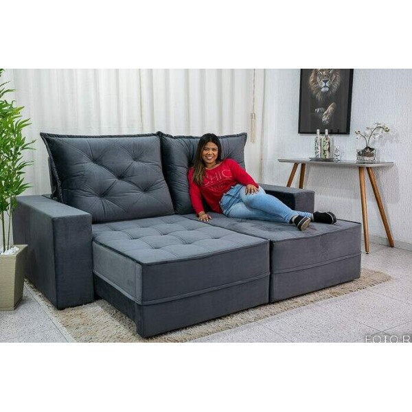 Sof Retrtil Reclinvel Berlim 2.50m Veludo Cinza 814 - D33 e Molas Ensacadas