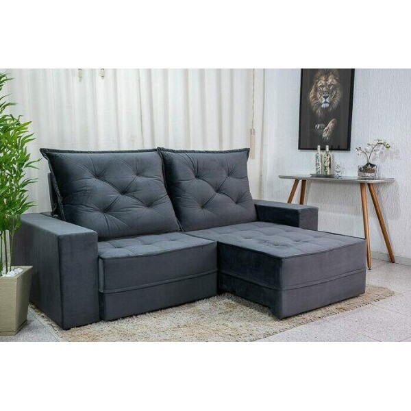 Sof Retrtil Reclinvel Berlim 2.50m Veludo Cinza 814 - D33 e Molas Ensacadas