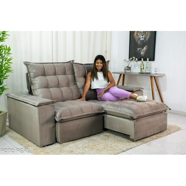 Sof Retrtil Reclinvel Atenas 2.10m Veludo Cinza 813 D33 e Molas Ensacadas