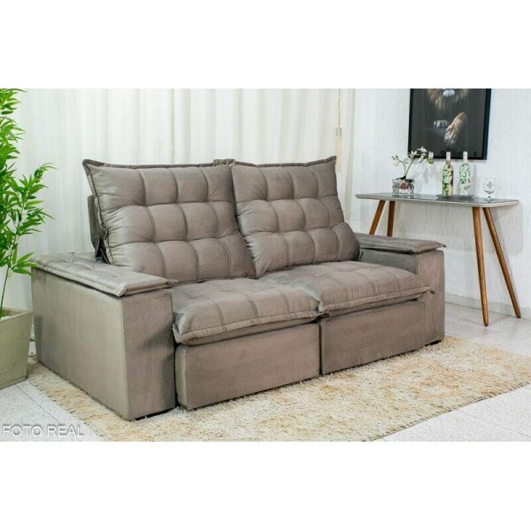 Sof Retrtil Reclinvel Atenas 2.10m Veludo Cinza 813 D33 e Molas Ensacadas