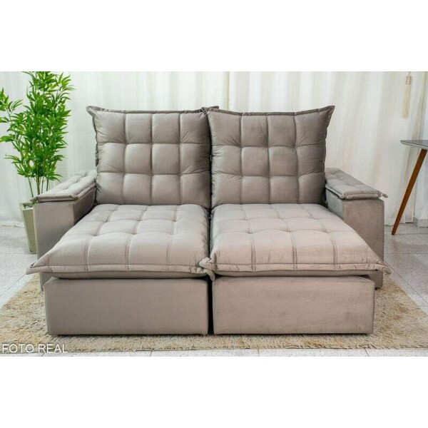 Sof Retrtil Reclinvel Atenas 2.10m Veludo Cinza 813 D33 e Molas Ensacadas
