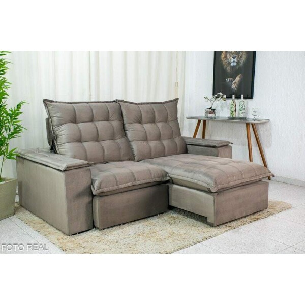 Sof Retrtil Reclinvel Atenas 2.10m Veludo Cinza 813 D33 e Molas Ensacadas