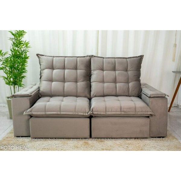 Sof Retrtil Reclinvel Atenas 2.10m Veludo Cinza 813 D33 e Molas Ensacadas